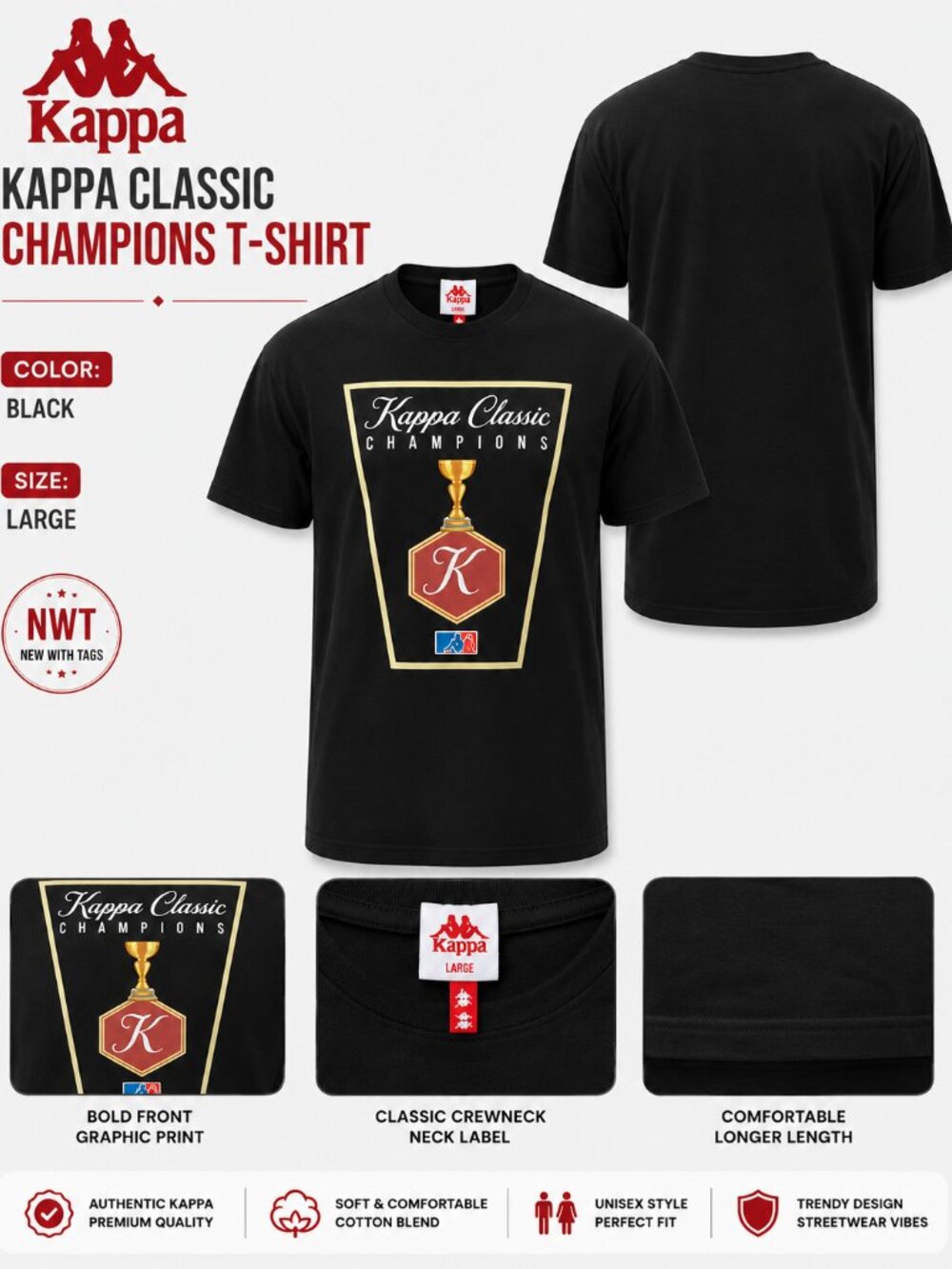 NWT Kappa Classic Champions Graphic T-Shirt Black Men's Size L